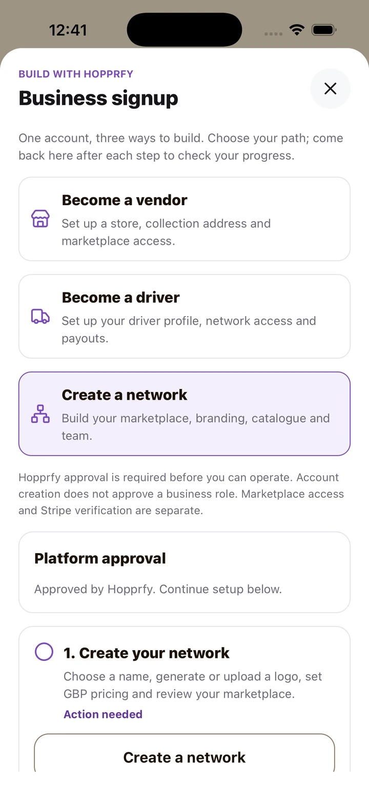 Business signup choices and network-owner setup route