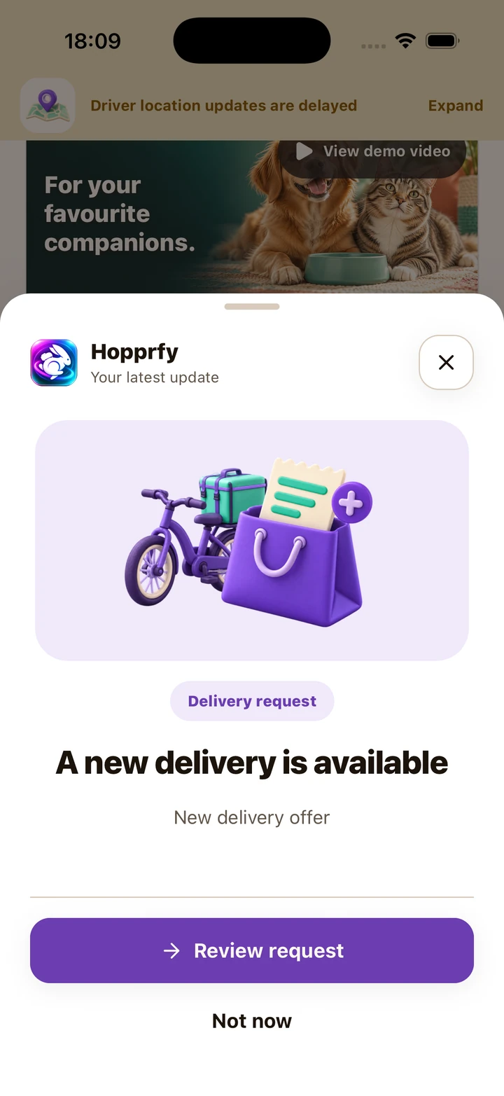 New delivery offer with Review request and Not now