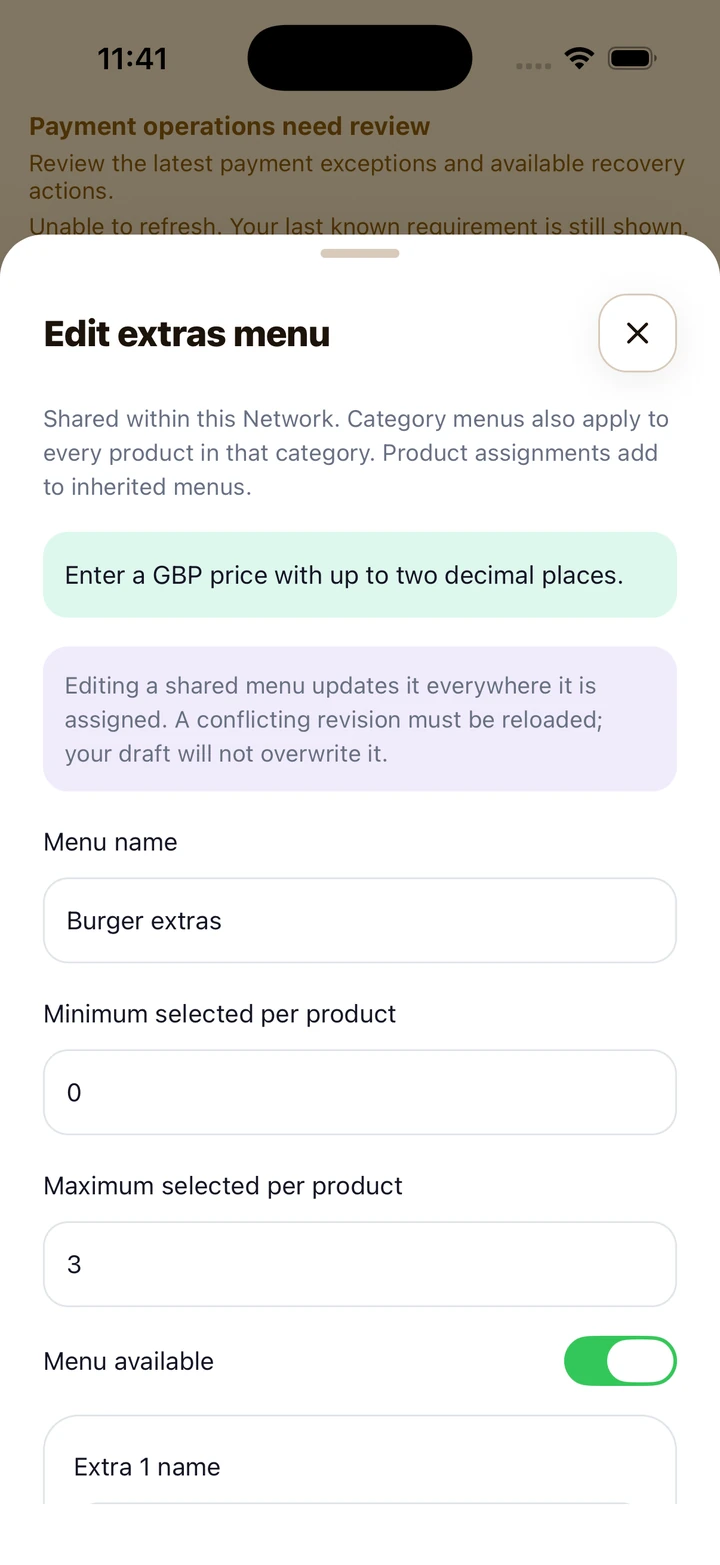 Extras editor showing menu name, selection limits and price validation
