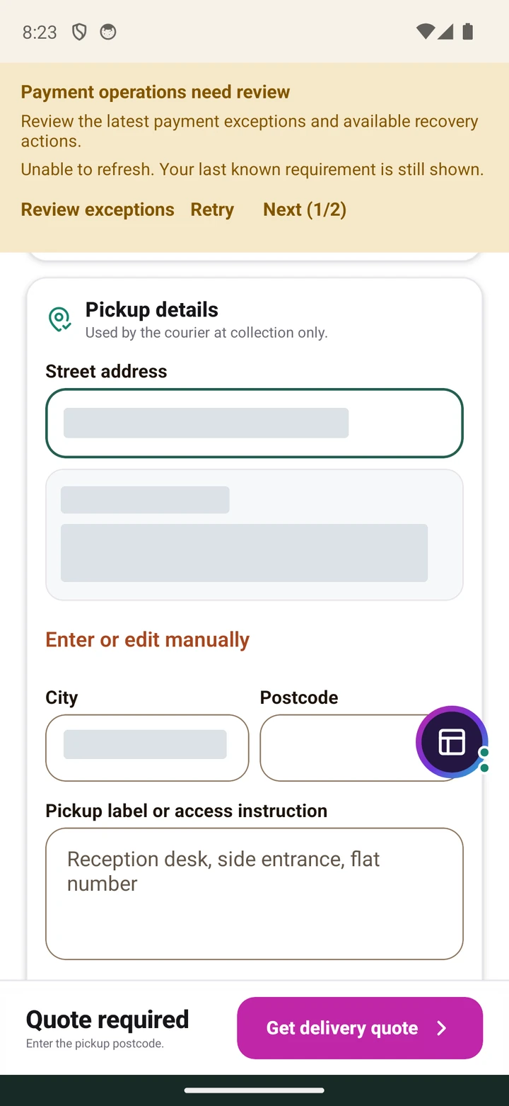 Package pickup address editor with search results and manual entry