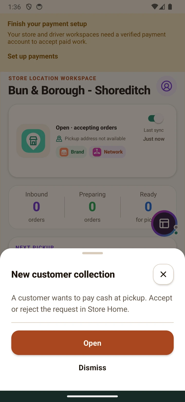 New customer collection alert with Open and Dismiss