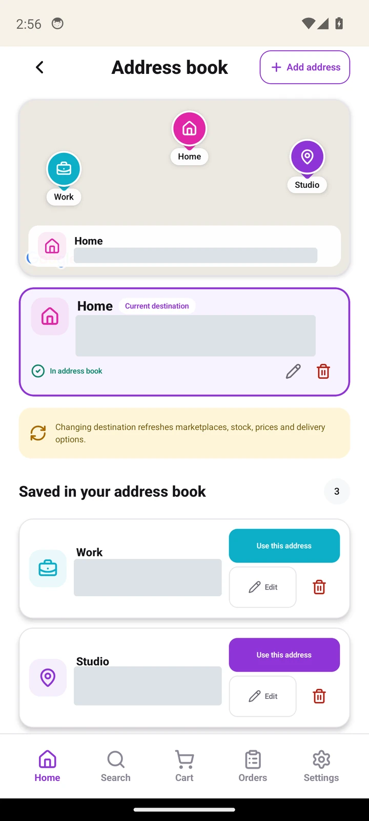 Address book with saved address cards, editing and delivery selection; address details redacted