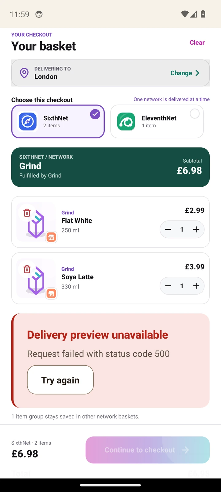 Your basket with marketplace selection, item quantity and a delivery-unavailable example