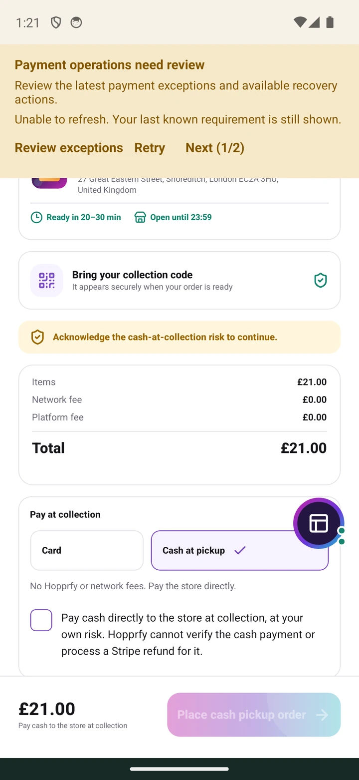 Cash at pickup choice and acknowledgement before placing a collection order