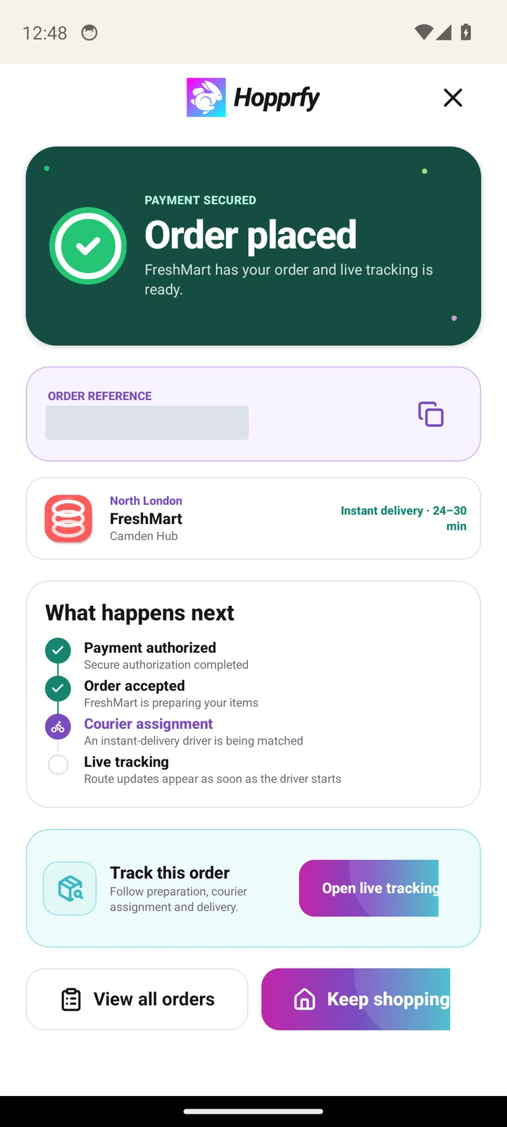 Order placed confirmation with reference redacted and Track this order action