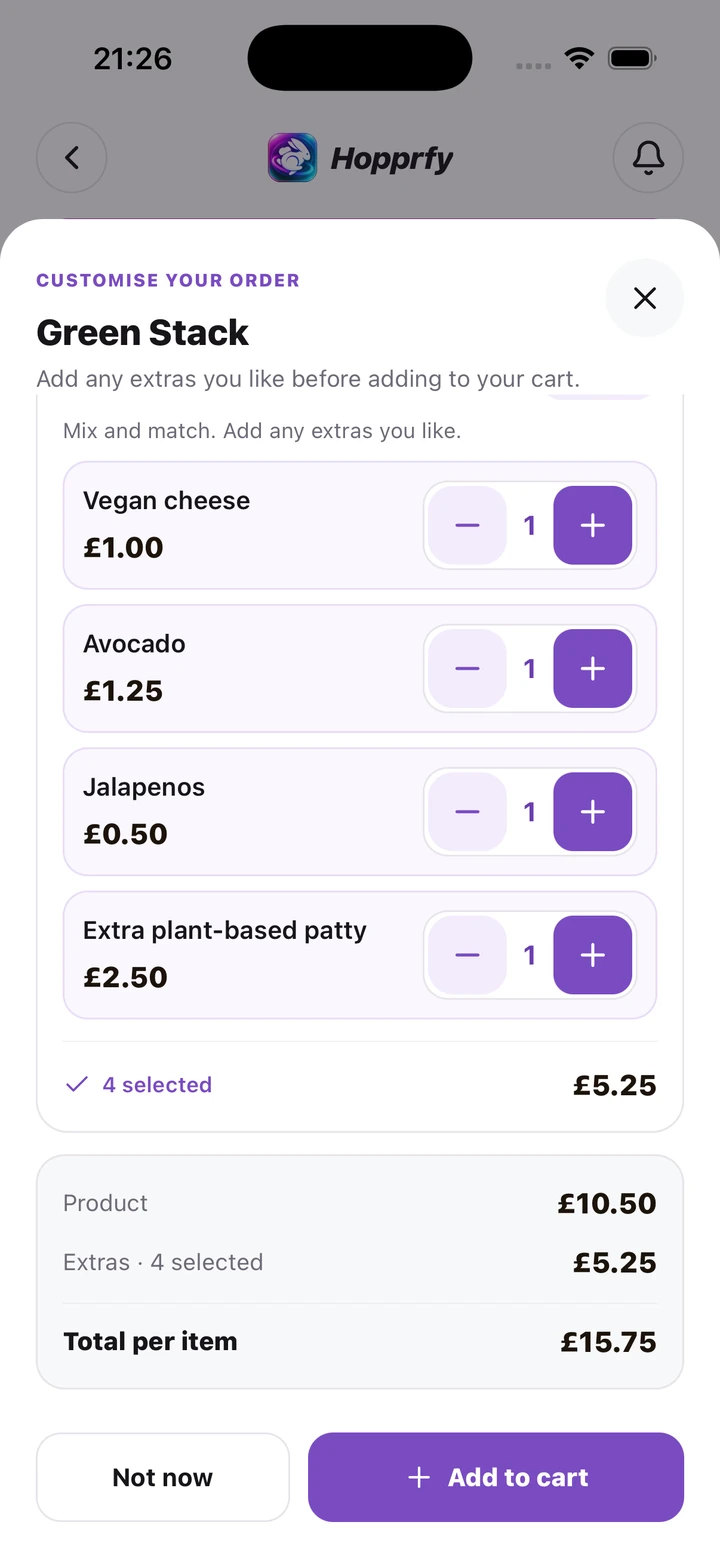 Extras popup with product additions and selection controls
