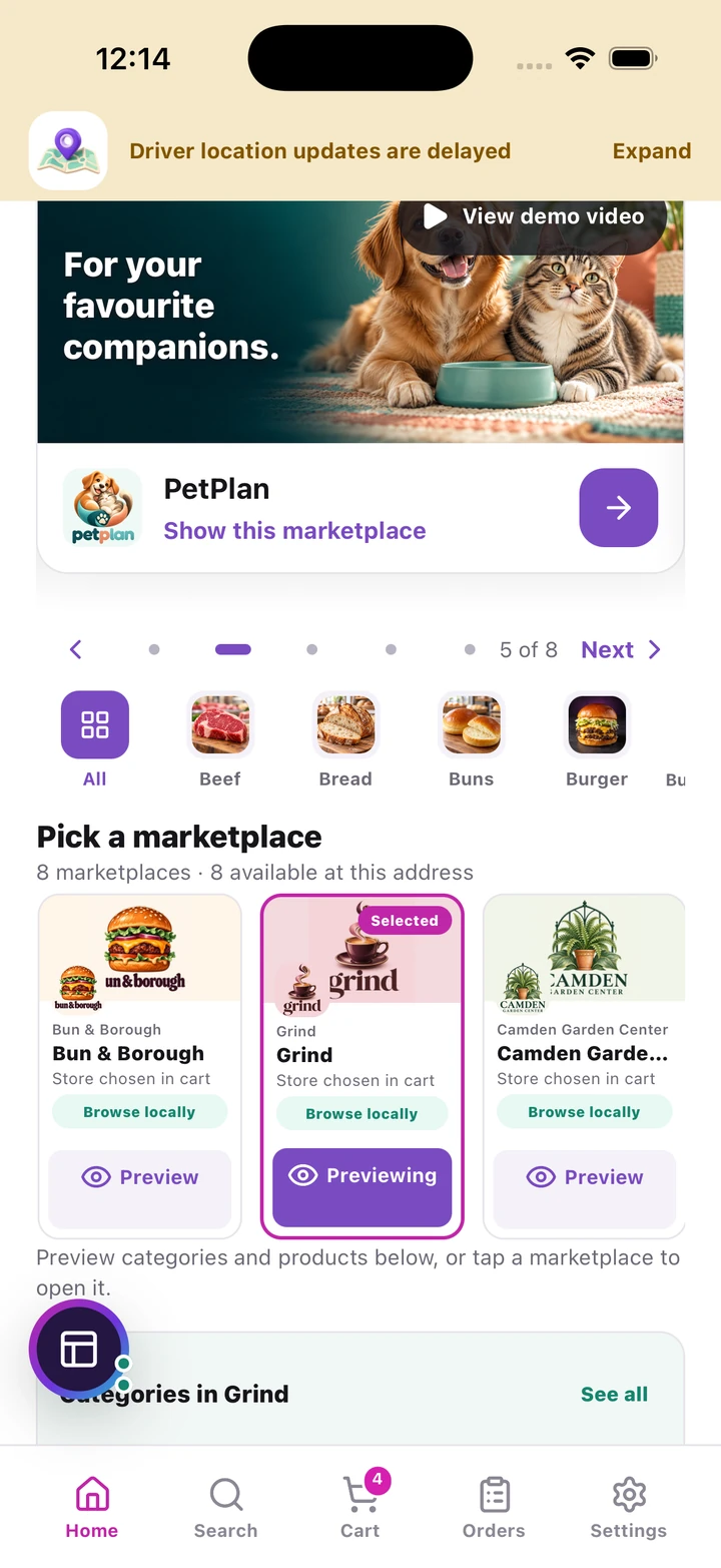Home with the five main shopping tabs