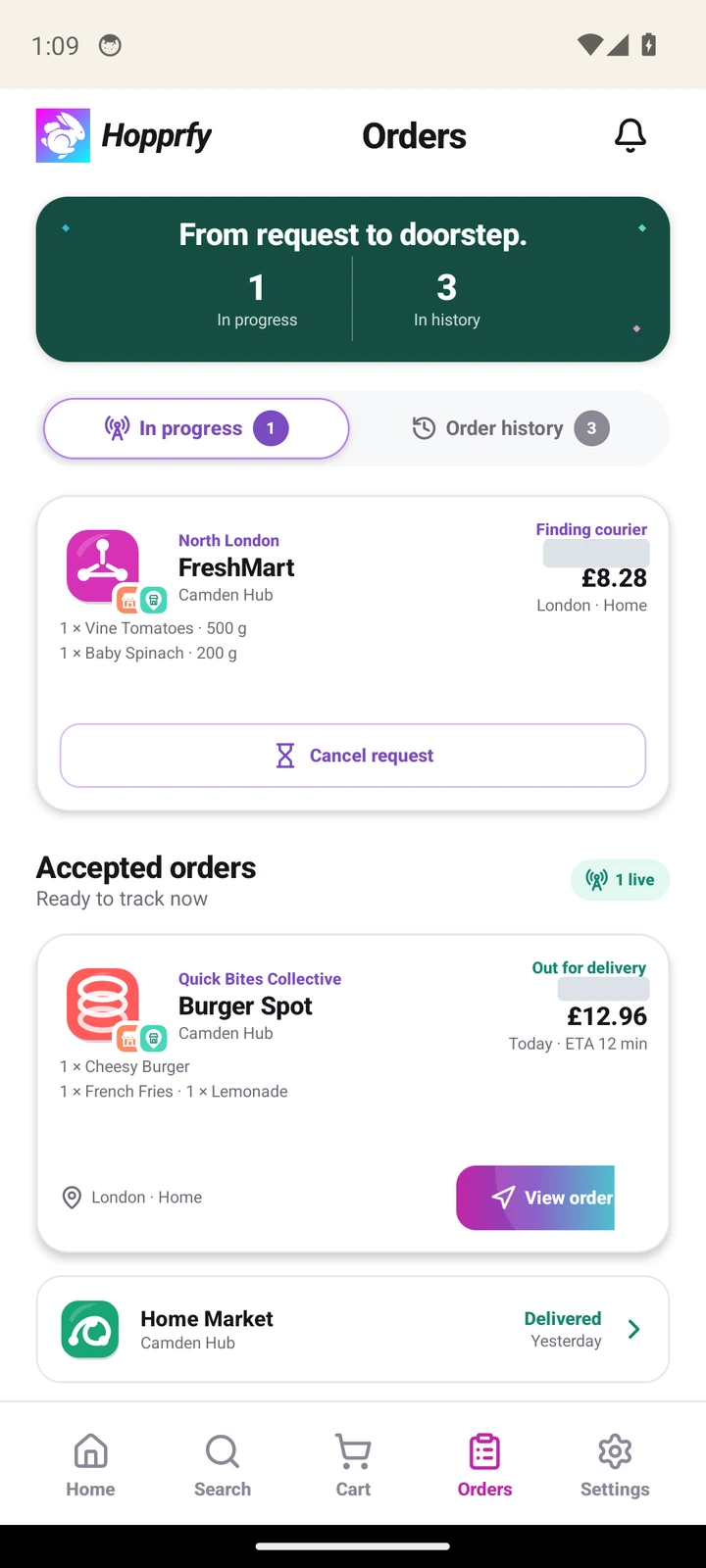 Orders with in-progress requests, accepted orders and Order history navigation