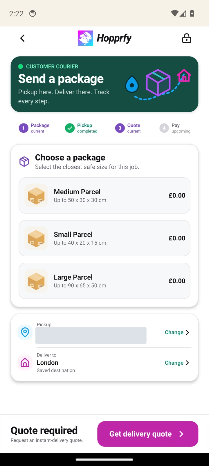 Send a package with package choices and separate Pickup and Deliver to Change controls; address details redacted