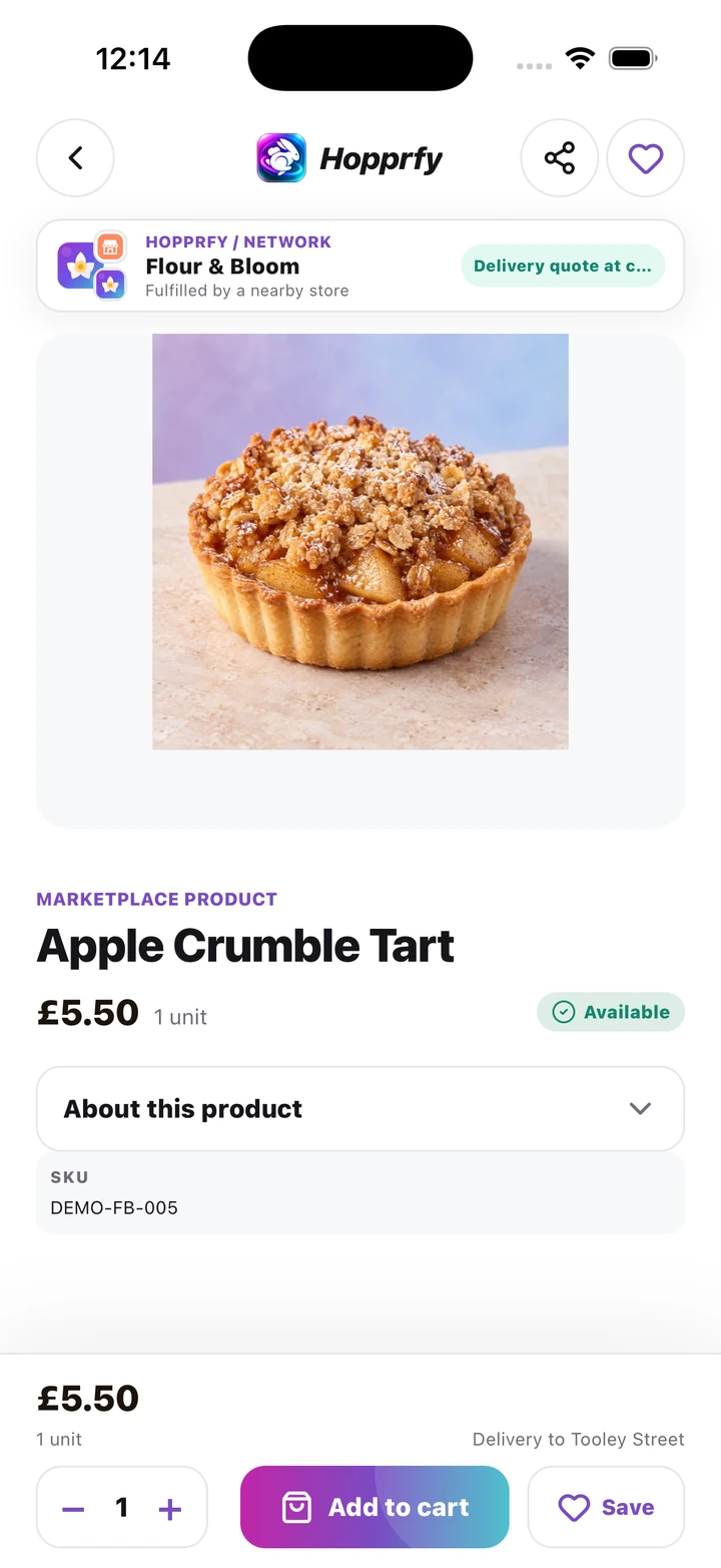 Product page showing image, item details, price, quantity and Add to cart