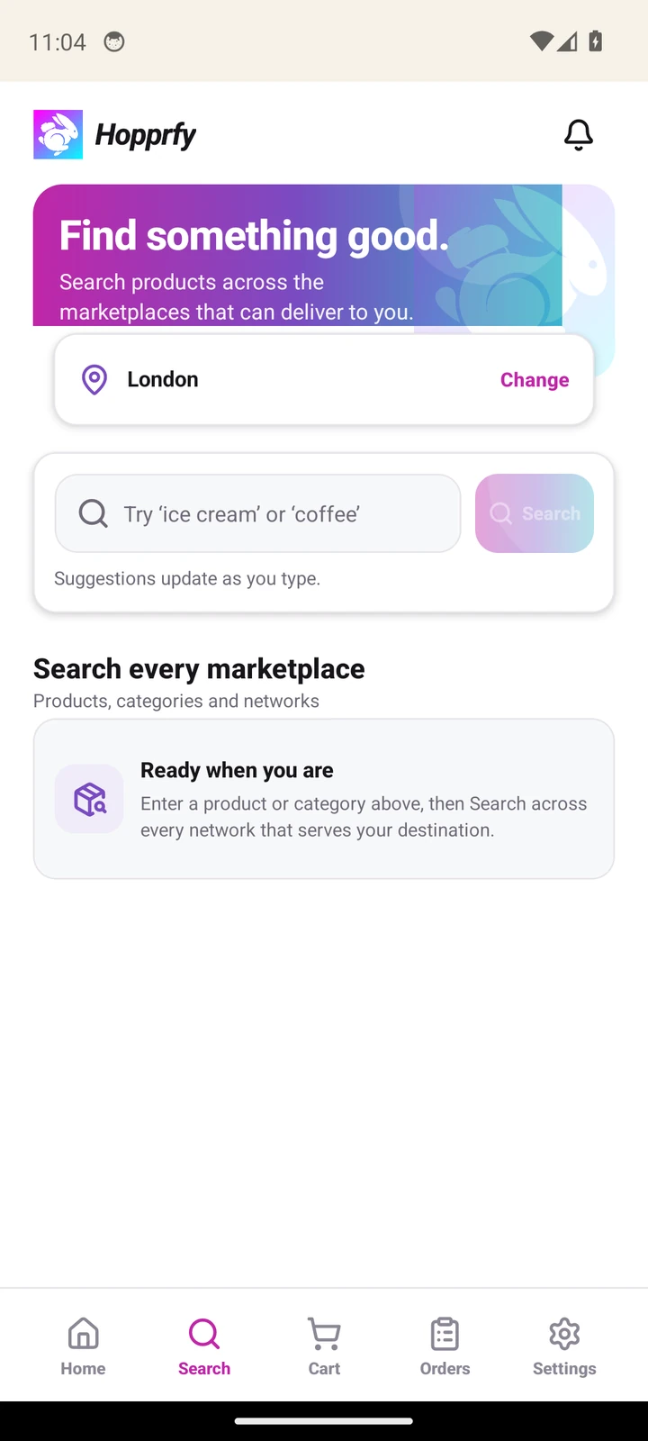 Search screen with location context, product query input and marketplace scope