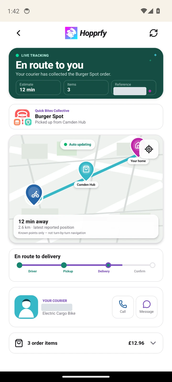 Live tracking with route, delivery timeline and contact actions; personal details redacted