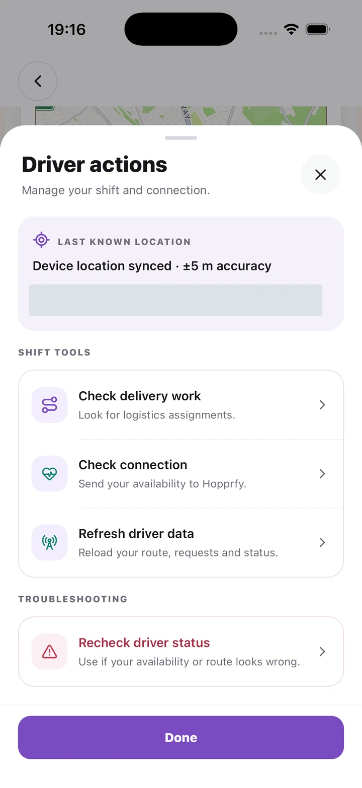 Driver actions with last location, Check connection, Refresh driver data and Recheck driver status