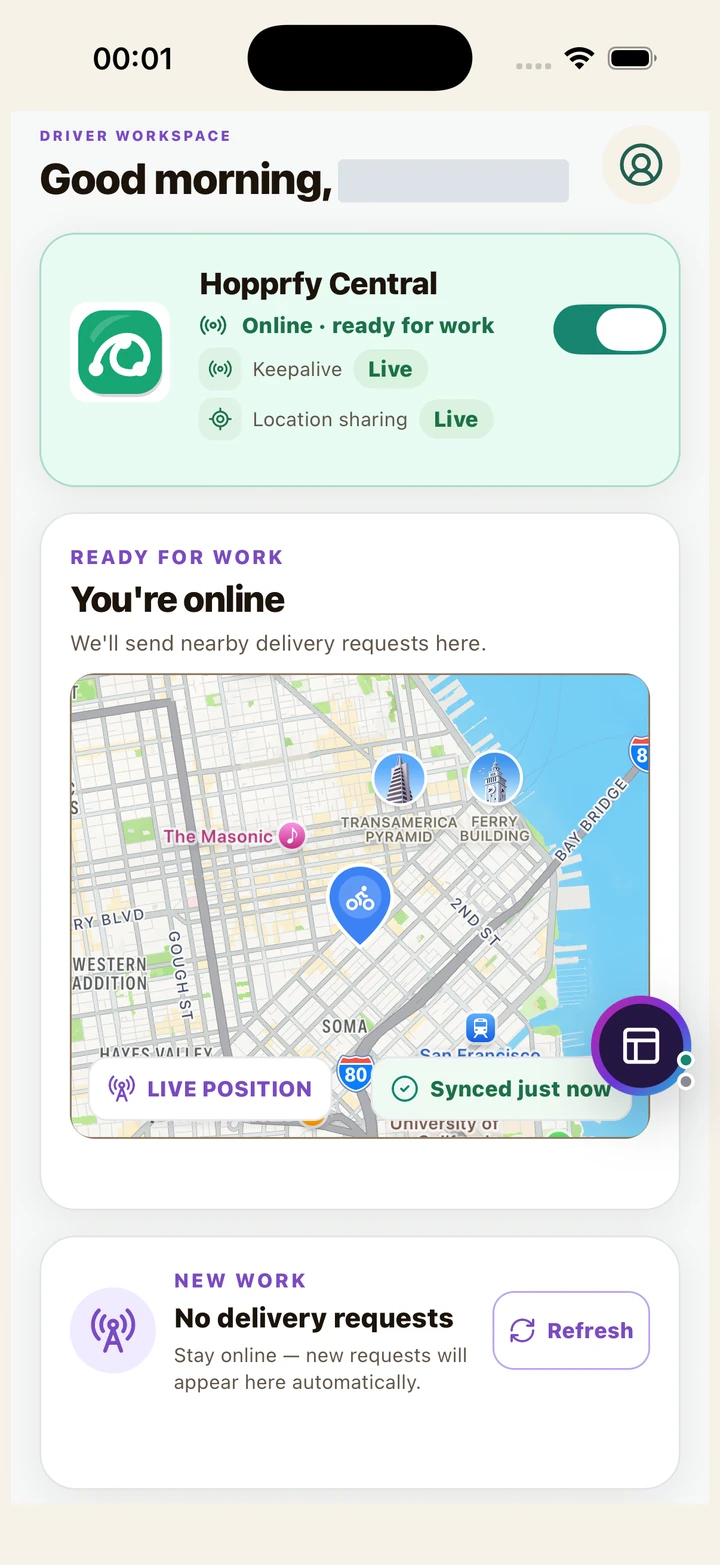 Driver workspace showing online status, connection, location sharing and request area