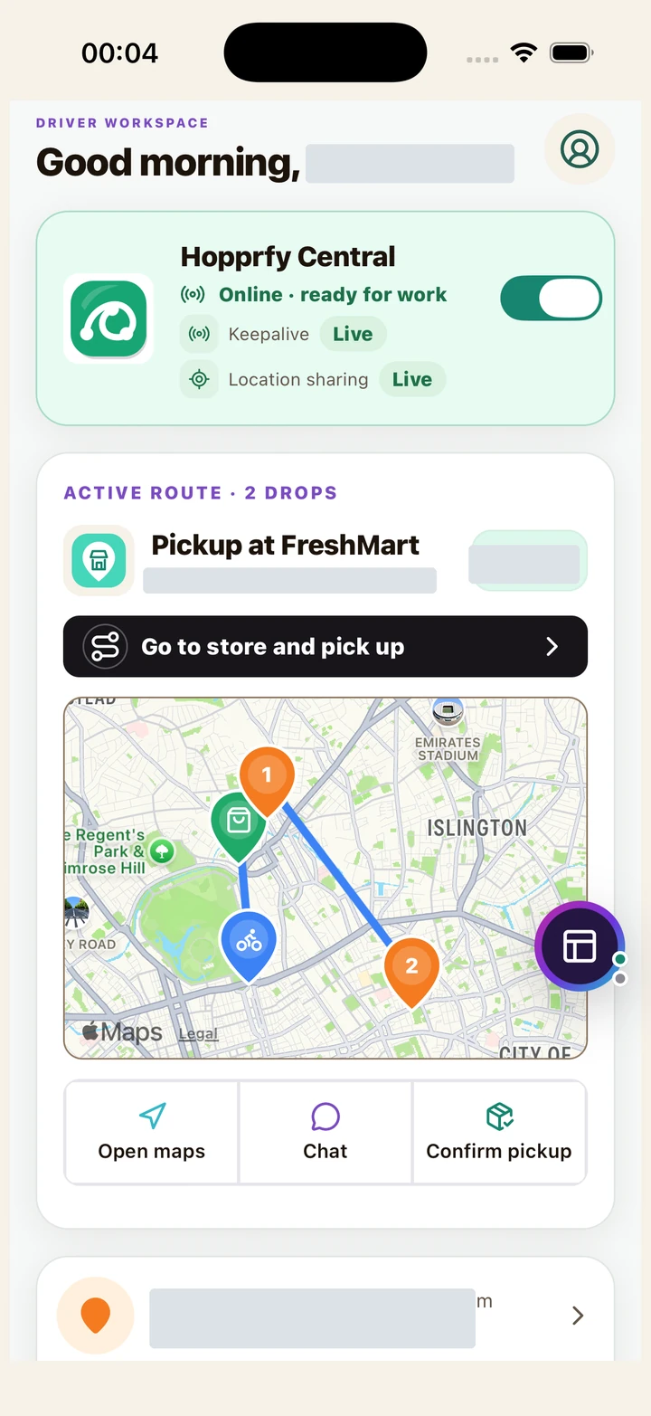 Active pickup route with Open maps, Chat and Confirm pickup; private details and credentials redacted