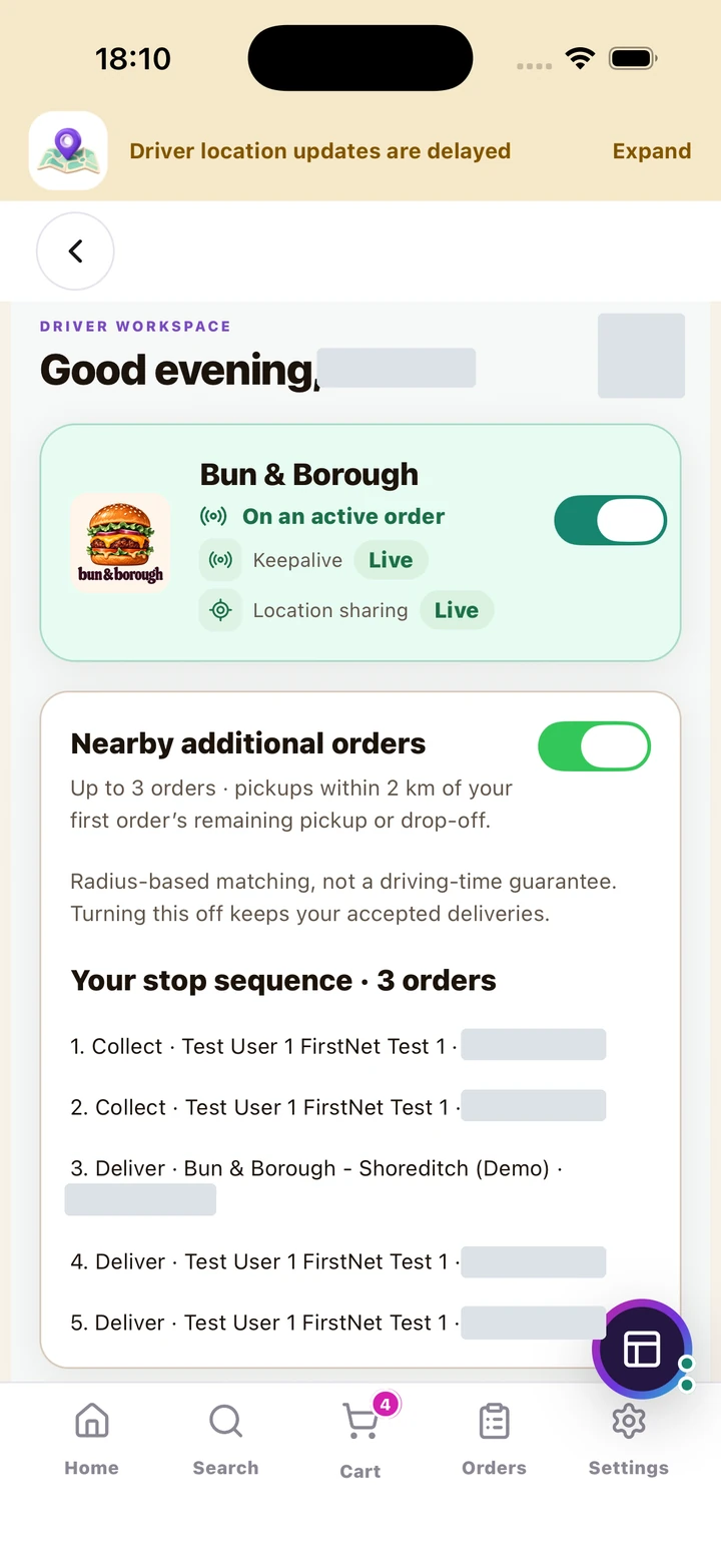 Real driver route with next stop and multiple-order sequence; addresses and references redacted