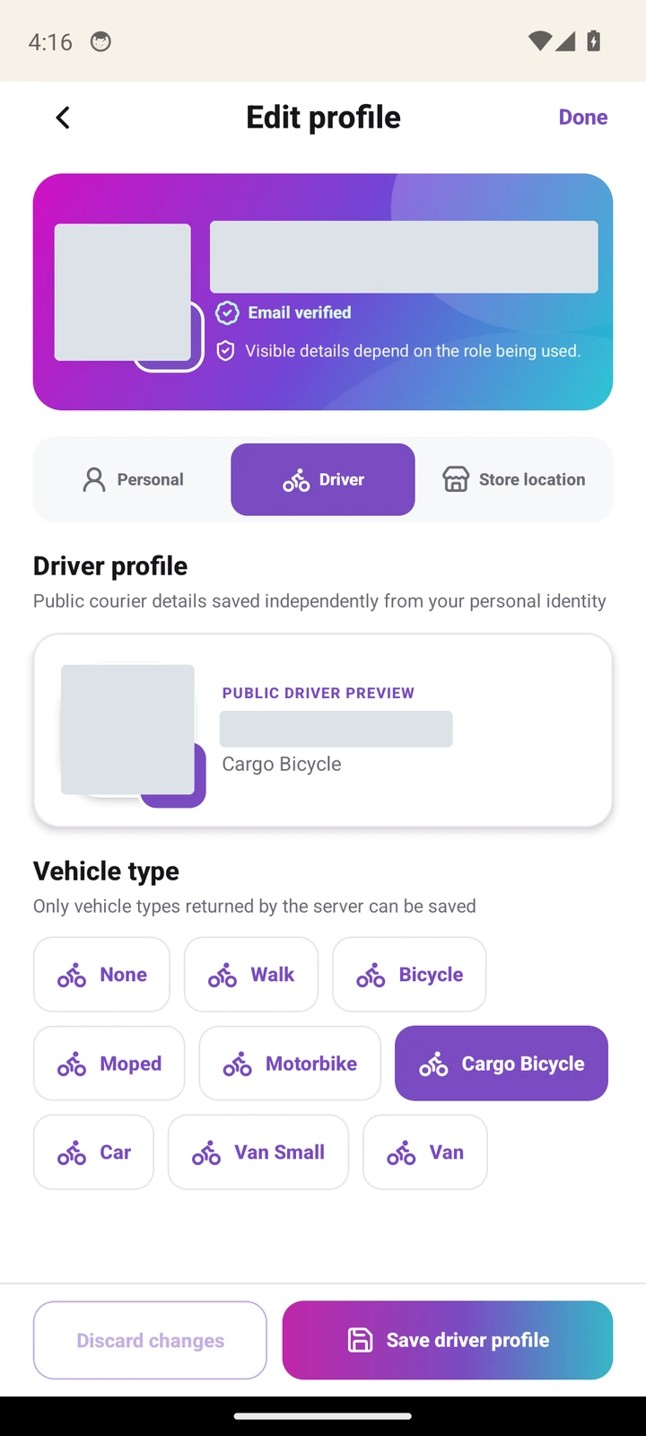Driver profile with vehicle choices and Save driver profile; identity details redacted