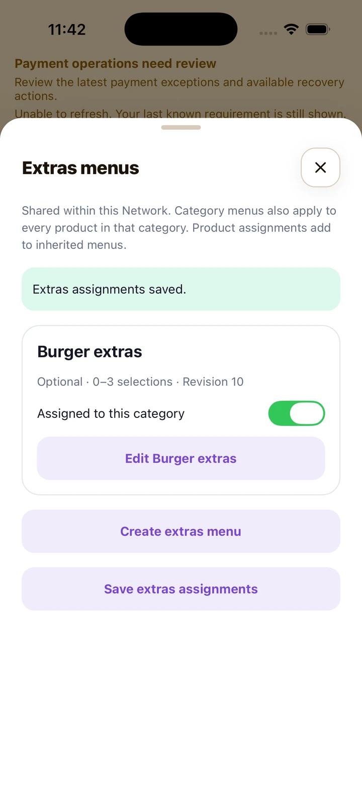 Category extras assignment after the shared menu is saved