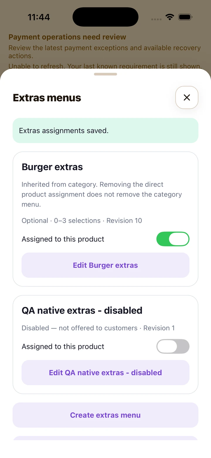 Product extras showing an inherited category menu and a separate directly assignable menu