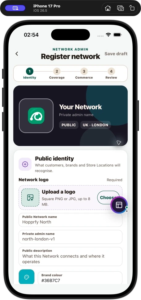 Register network identity step showing logo, public name, description and colour fields