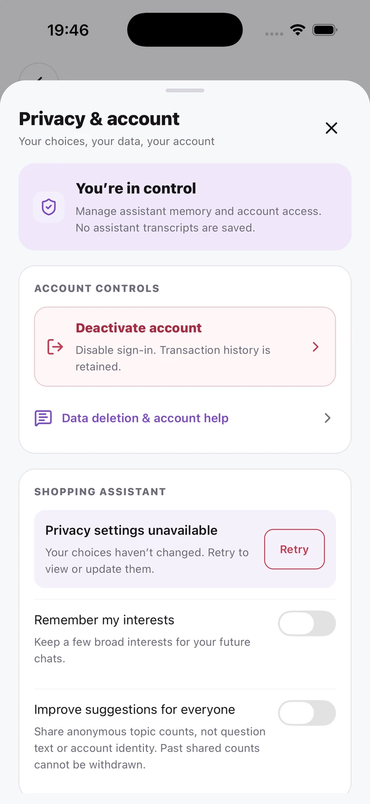 Privacy and account controls, assistant memory preferences and account help