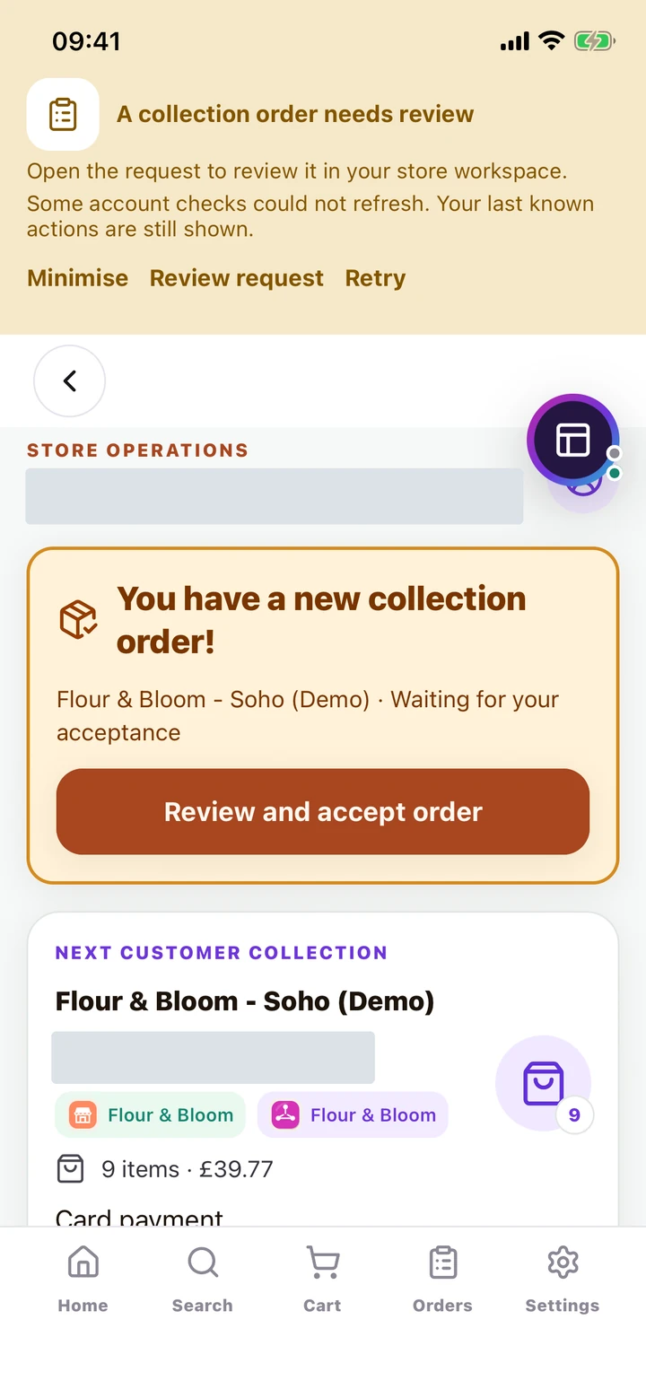 Customer collection attention area and order queue in the Store workspace