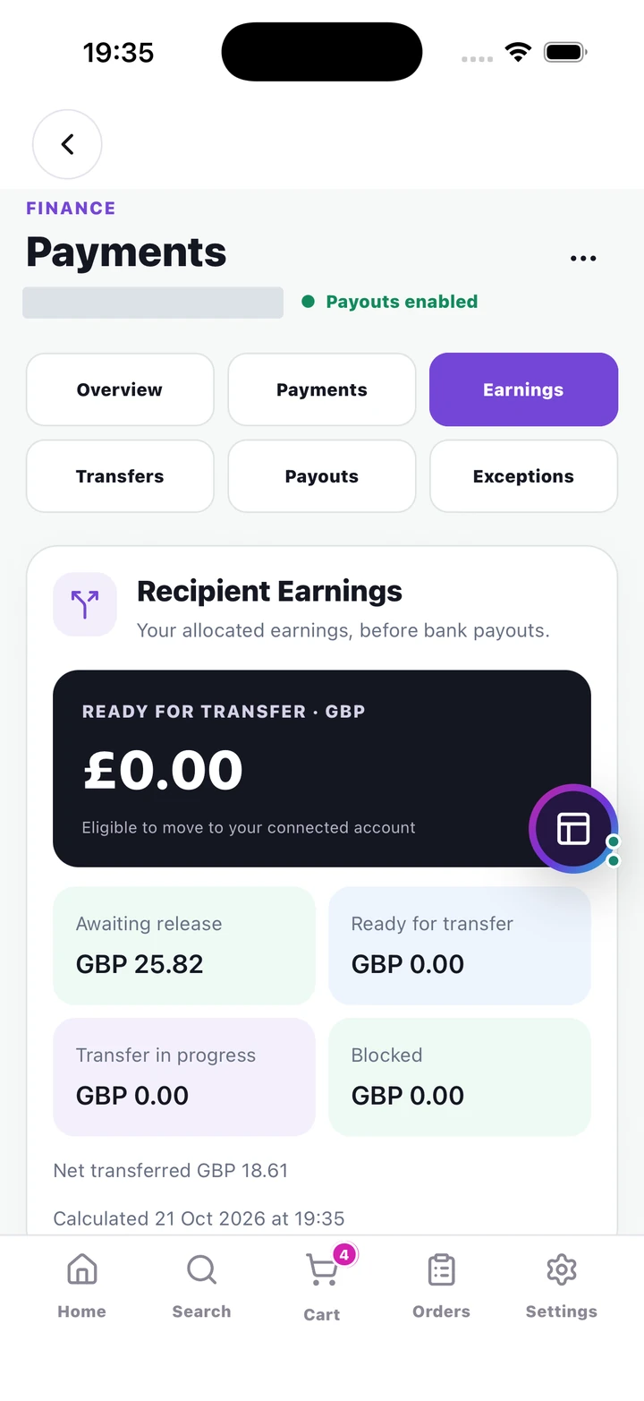 Recipient Earnings showing ready-for-transfer hero and four distinct allocation buckets