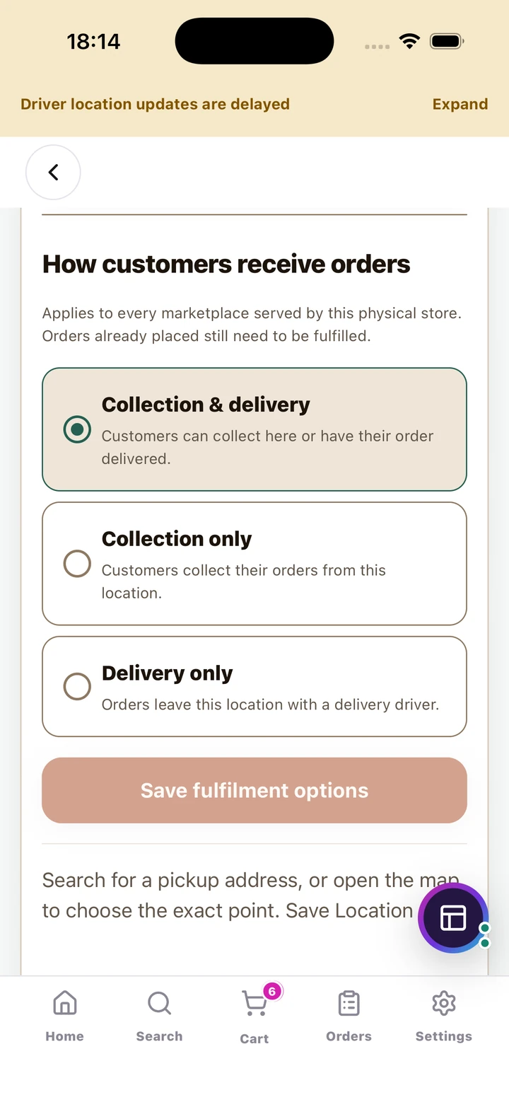 Three store fulfilment options and Save fulfilment options control