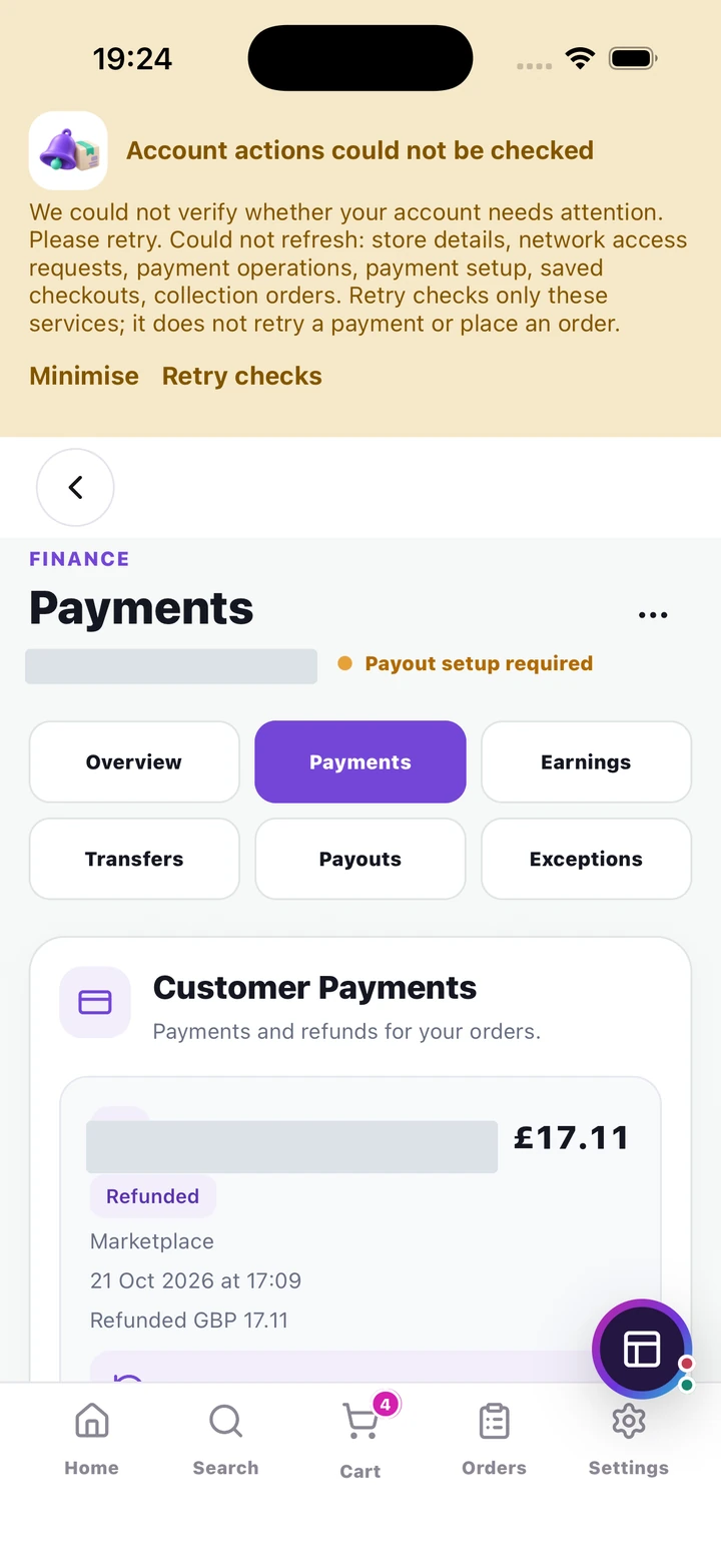 Customer payment record with refund state, recipient recovery and order/refund navigation