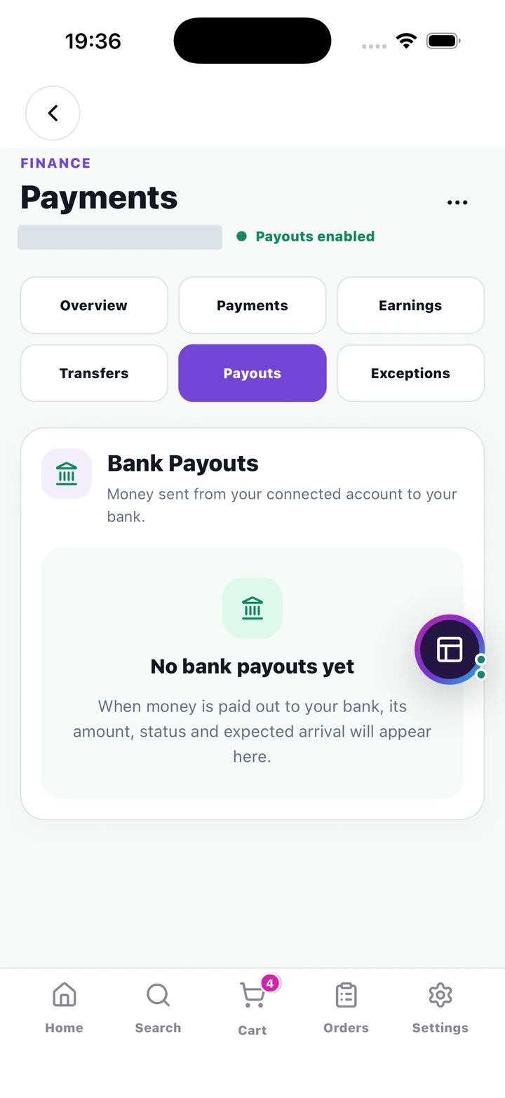 Bank Payouts tab showing a valid empty state