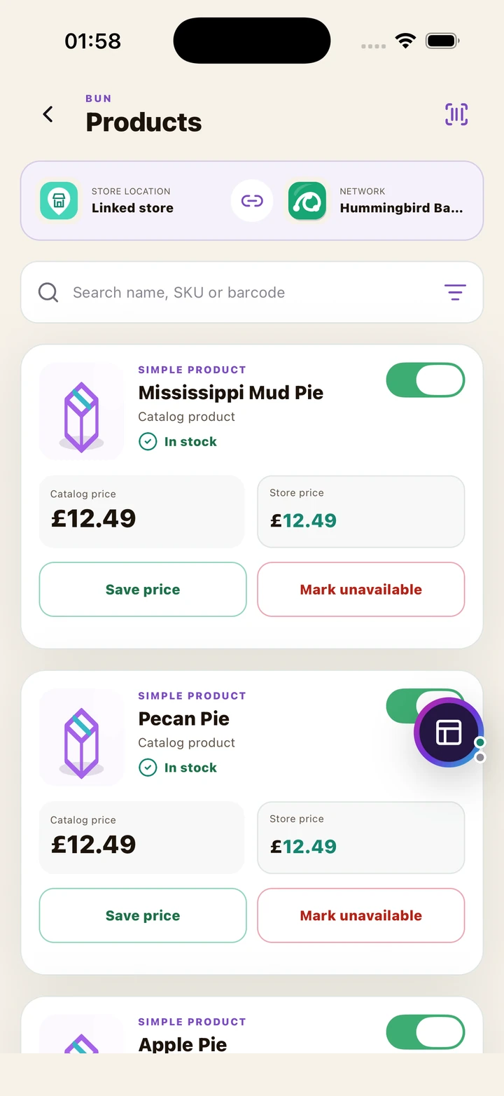 Store product inventory with availability, catalogue and store price, Save price and Mark unavailable controls