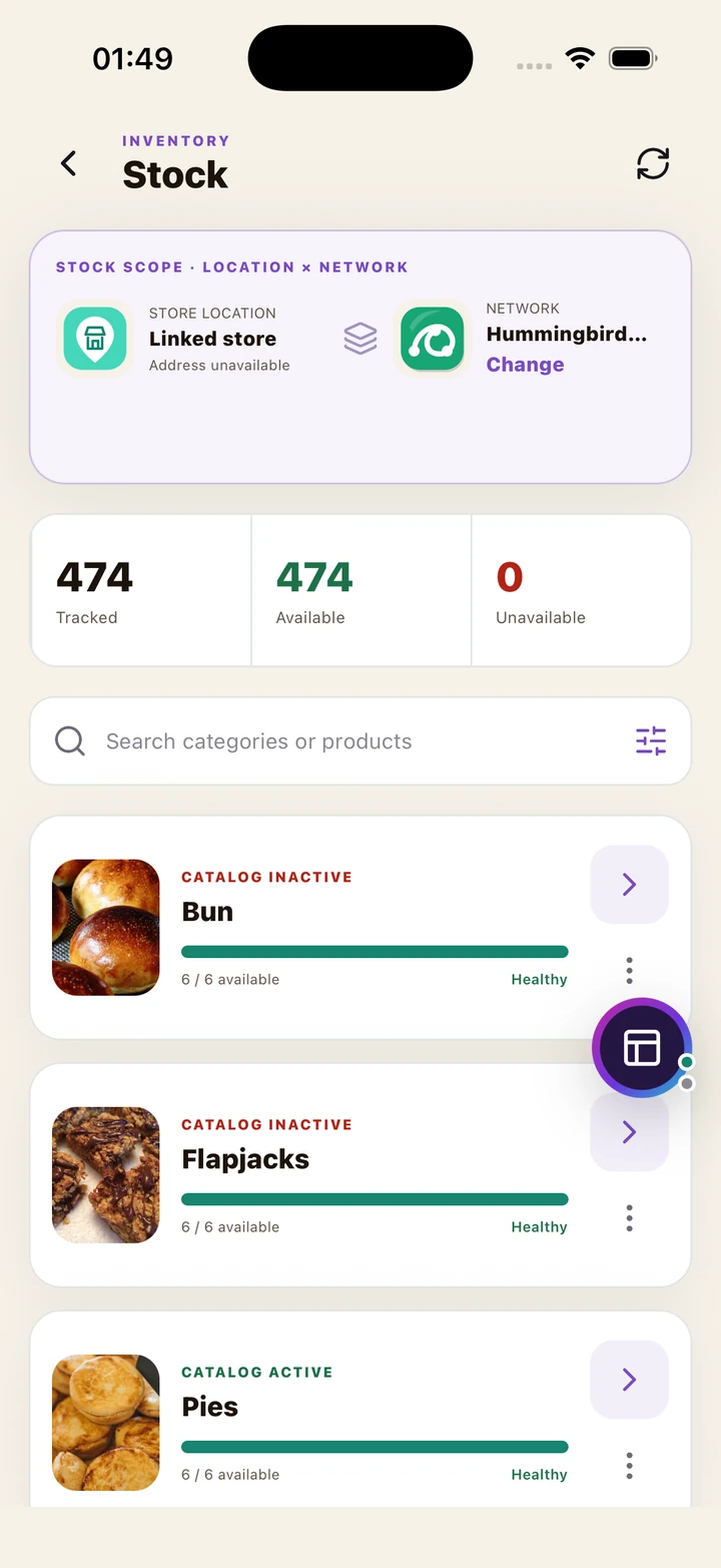 Stock dashboard showing Store Location and Network scope, inventory totals and category cards