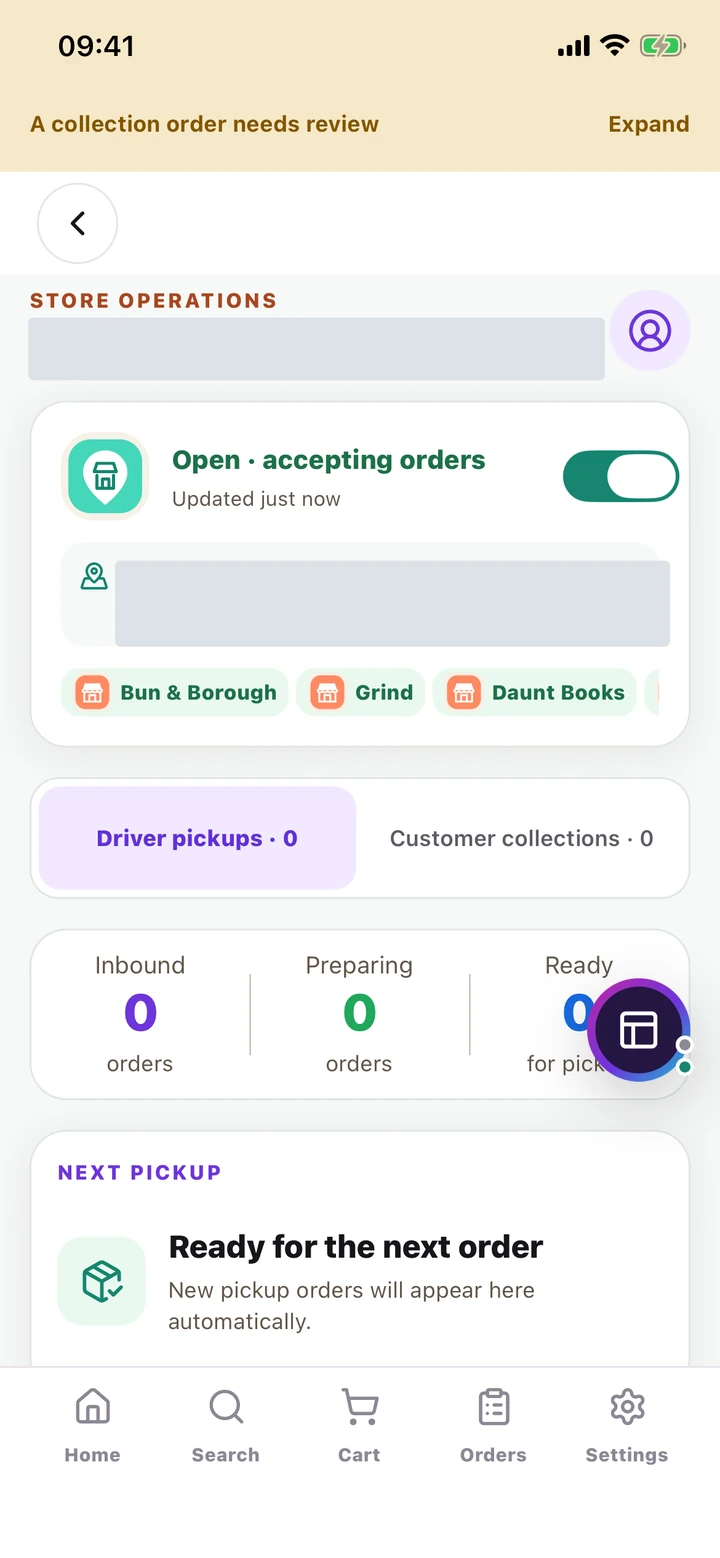 Store workspace with open status, pickup location, marketplaces, order queues and readiness counts