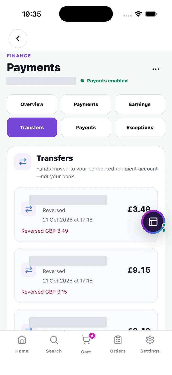 transfers tab, a separate money stage from recipient earnings