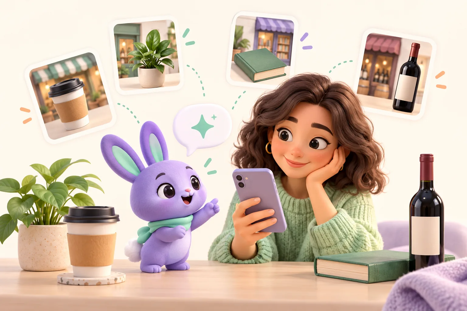 Illustration of a friendly rabbit shopping assistant helping find coffee, a book, a plant and wine