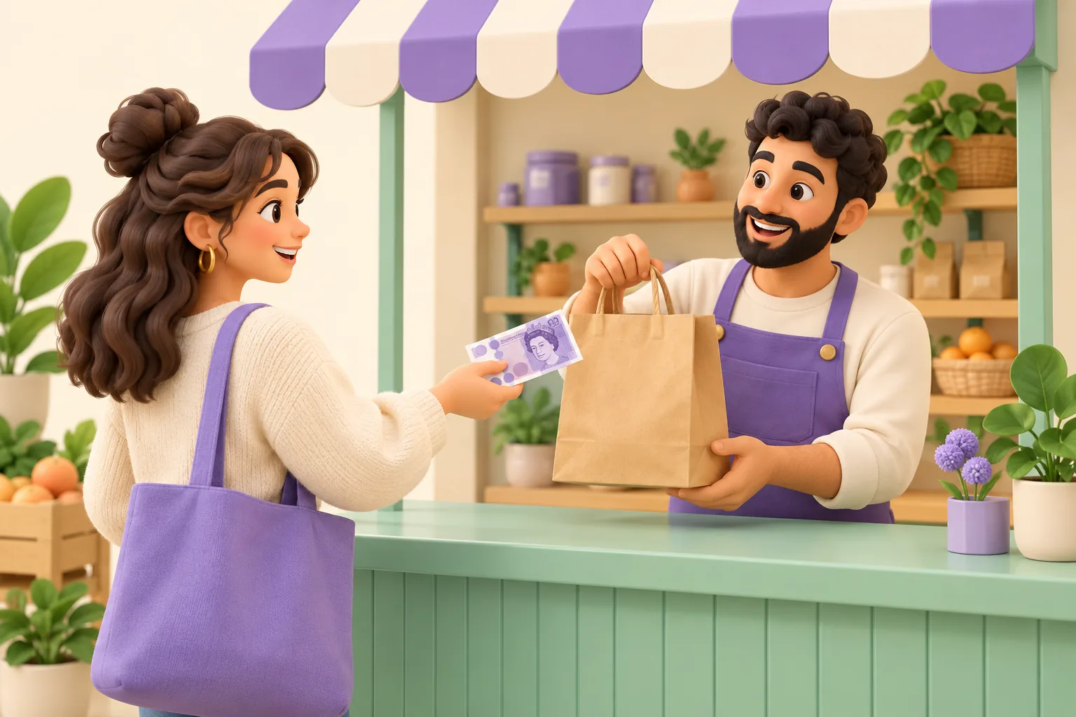 Illustration of a customer paying cash to a shopkeeper while collecting a shopping bag