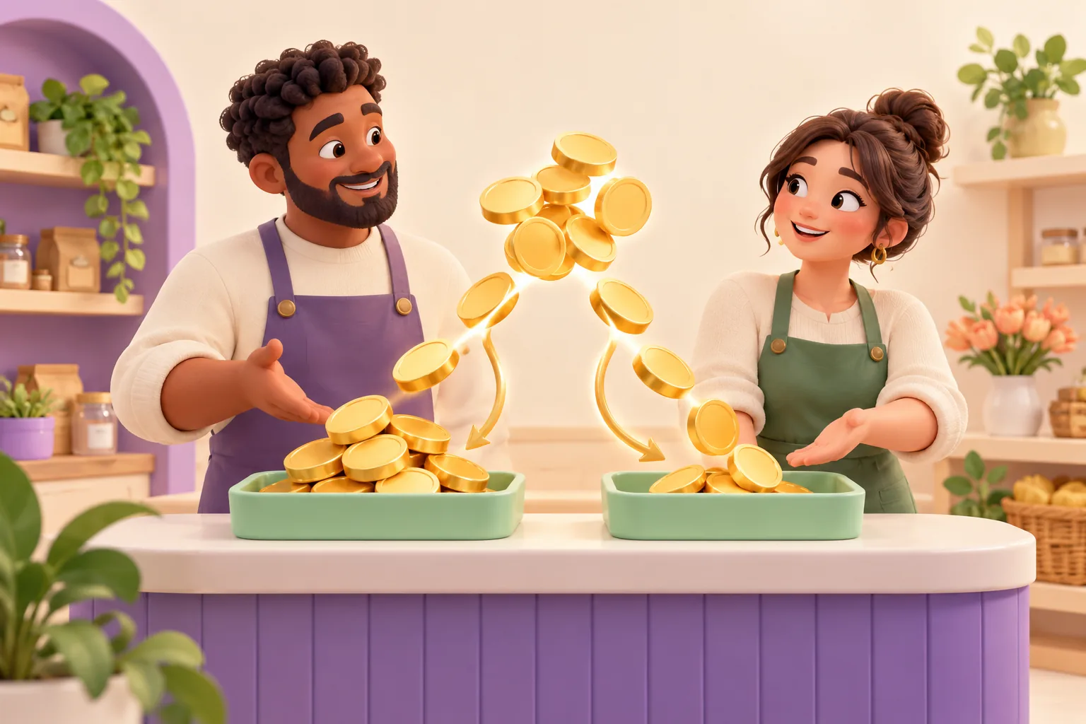 Illustration of two shopkeepers sharing a pool of earnings between two trays
