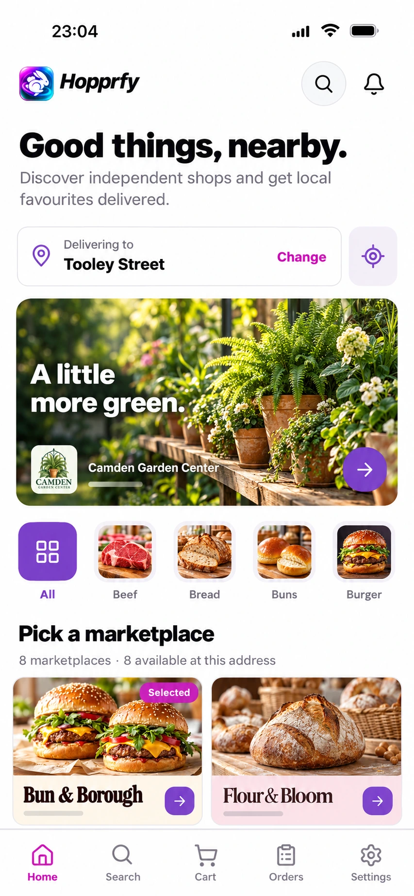 Illustrative Hopprfy customer home screen showing nearby categories and marketplaces
