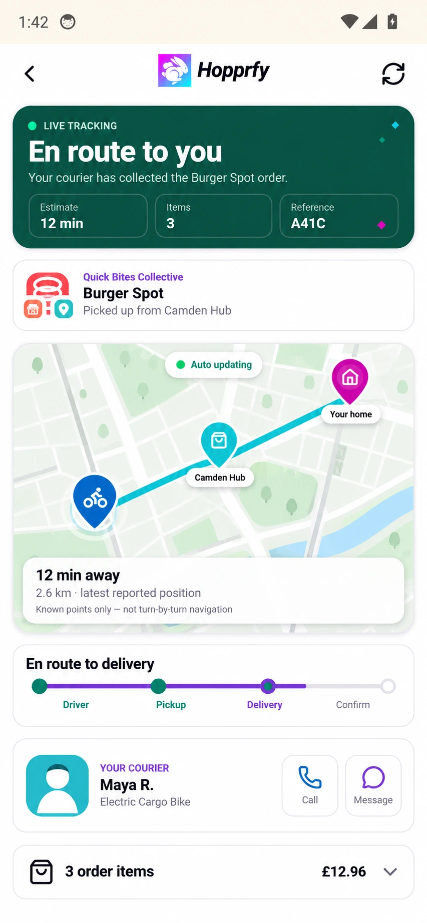 Illustrative Hopprfy live tracking screen showing a courier en route