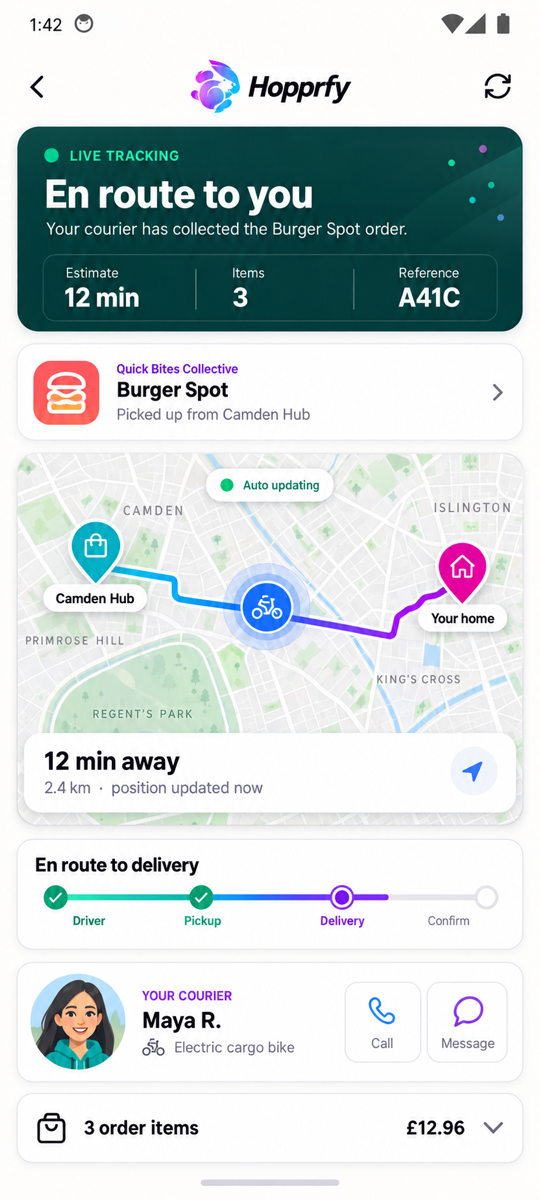 Hopprfy live delivery screen showing an order en route to a customer