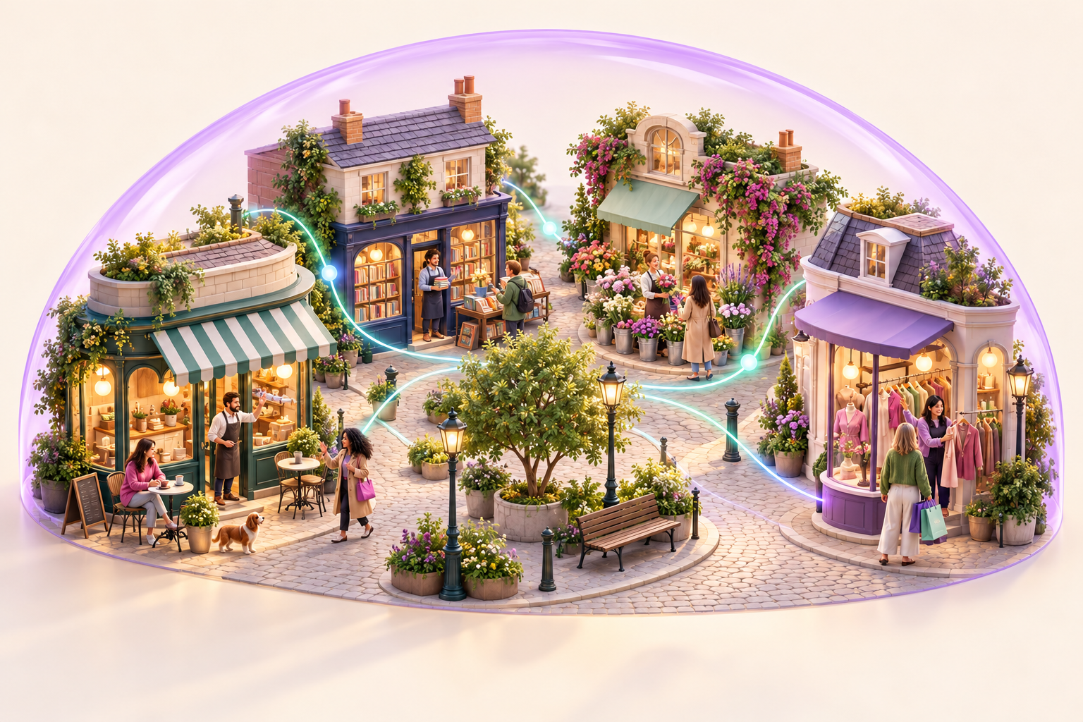 Illustration of different independent shops connected beneath a protective arch on a neighbourhood high street