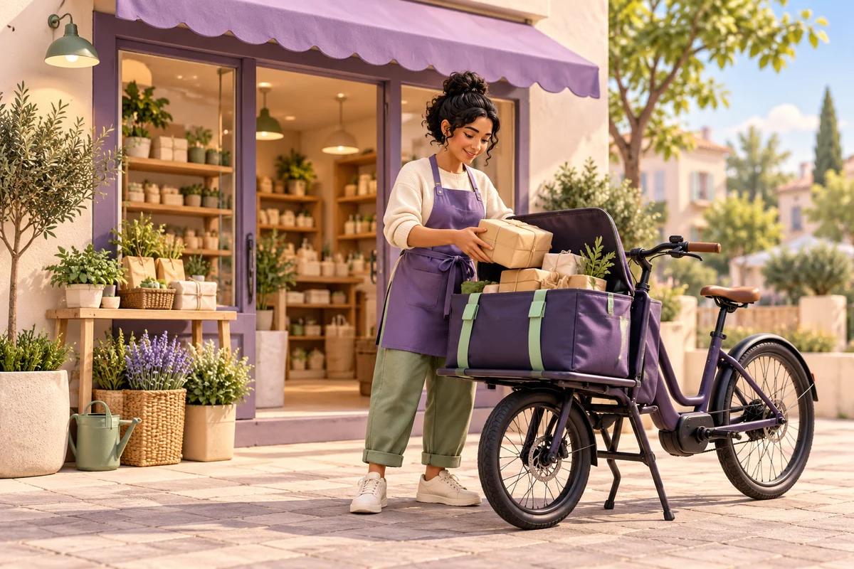 Illustration of a courier business owner loading products onto a cargo bike outside their shop
