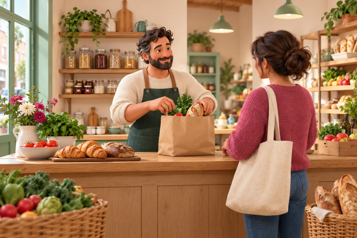 Illustration of an independent shopkeeper preparing a local order