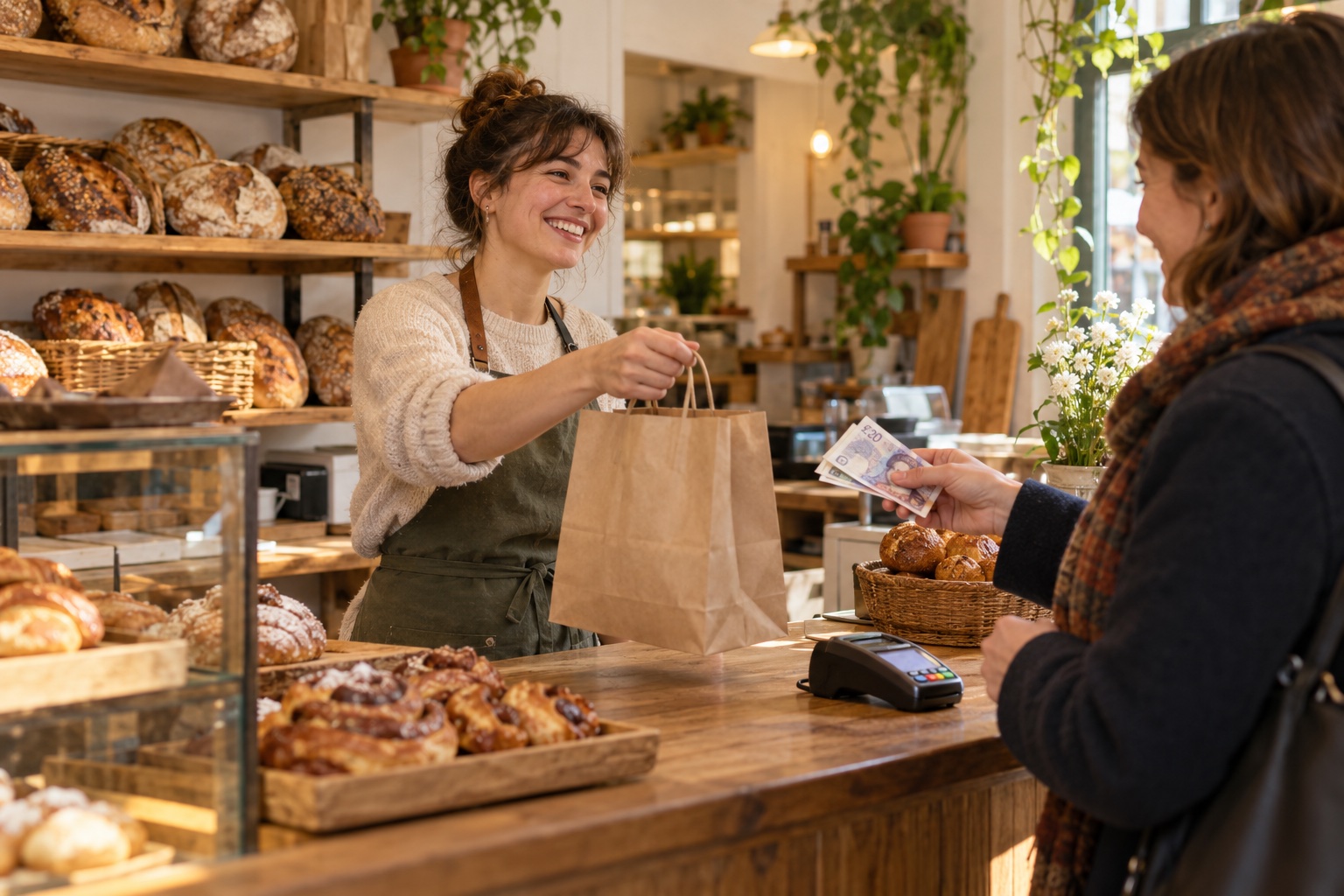 Illustration of a bakery customer paying with cash, with a card terminal also available at the counter
