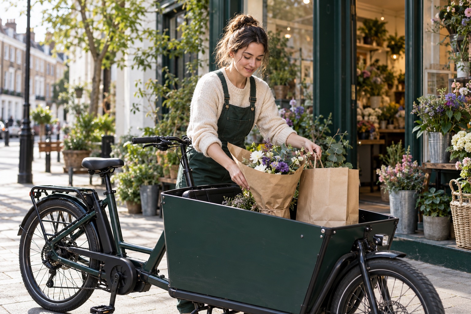 Illustration of a local shop owner loading flower orders onto a cargo bicycle outside their shop