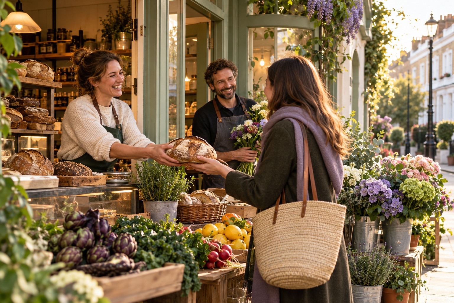 Illustration of independent shopkeepers welcoming a local customer at a neighbourhood shop